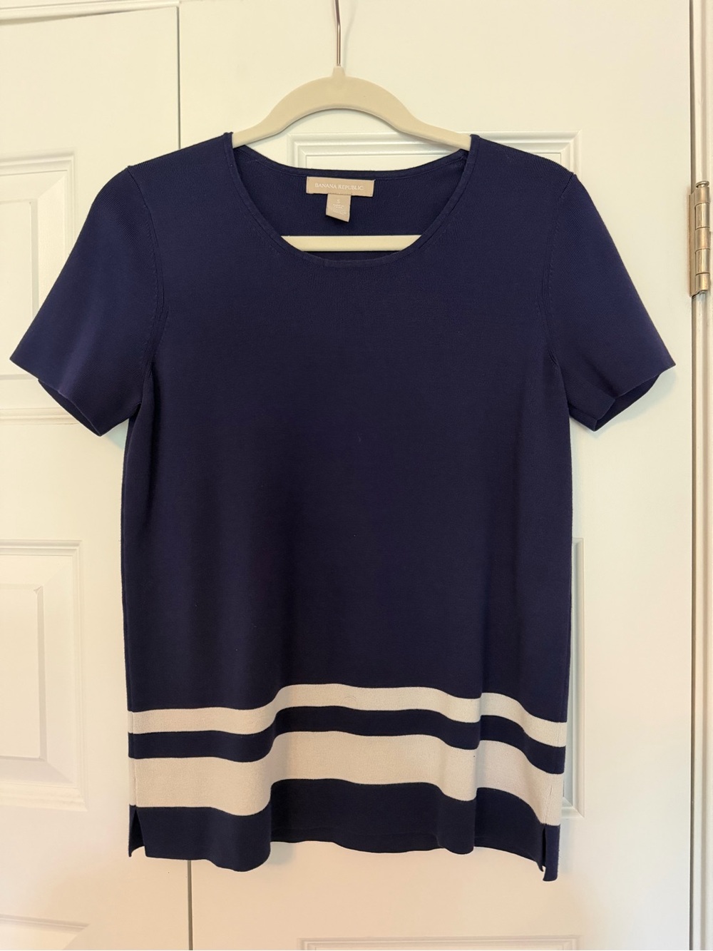 Banana Republic Navy Short-Sleeve Knit Top with Cream Stripes